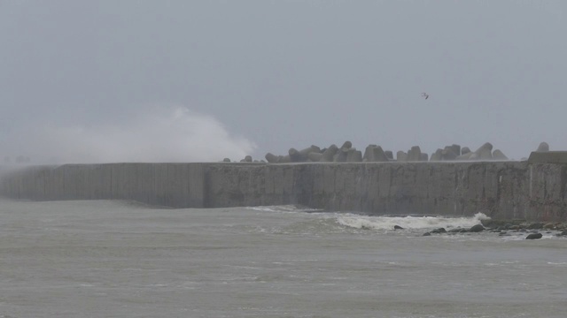 暴风雨的海浪冲击着港口的海堤视频素材