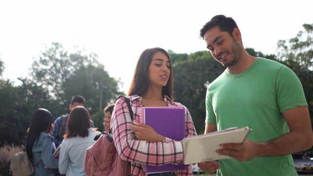 美丽的女学生与男性朋友交谈，而他站在大学校园看笔记本视频素材