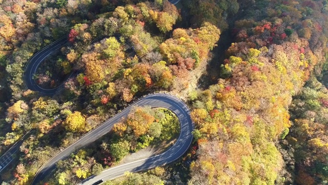 弯弯曲曲的山路在秋日的山峦中，架空视频素材