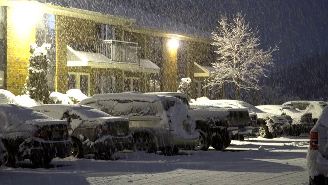 冬天许多小雪花落在路灯的灯光下，室外照明在夜晚。视频素材