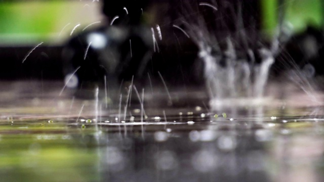 雨滴落在水面，水坑近景，低角度观看，浅景深。自然灾害，洪水，破坏，恶劣的天气，气象，降雨，水滴，音频包括视频素材