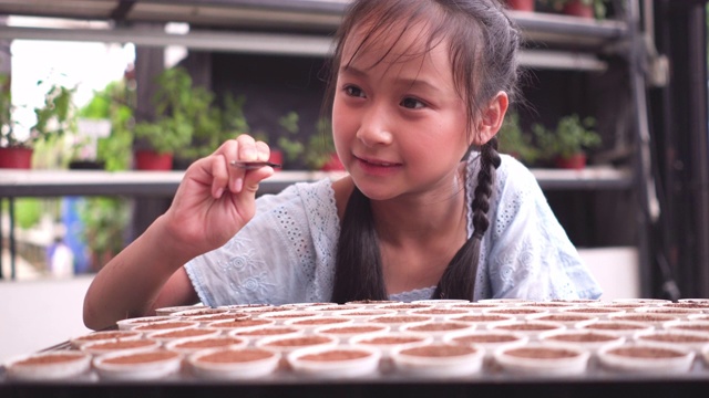 孩子试着将水培种子种植到新的塑料花盆中视频素材