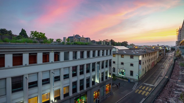 日落天空照明洛桑市中心著名的交通街道屋顶全景4k时间间隔瑞士视频素材