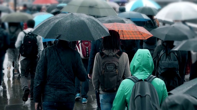 一群撑着伞在雨中行走的人。视频购买