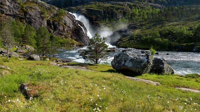 Kinsarvik Hordaland,挪威。挪威风景与山脉棉草，棉草或棉莎草和瀑布Nykkjesoyfossen的背景。Hardangervidda山地高原视频素材