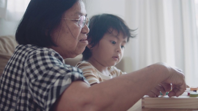 奶奶和孙子在家里玩木头玩具。视频素材