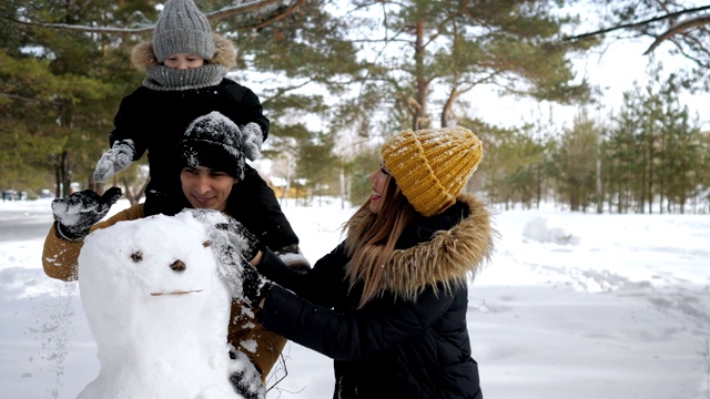 年轻的家庭，妈妈，儿子和爸爸在冬季城市公园堆雪人。视频素材