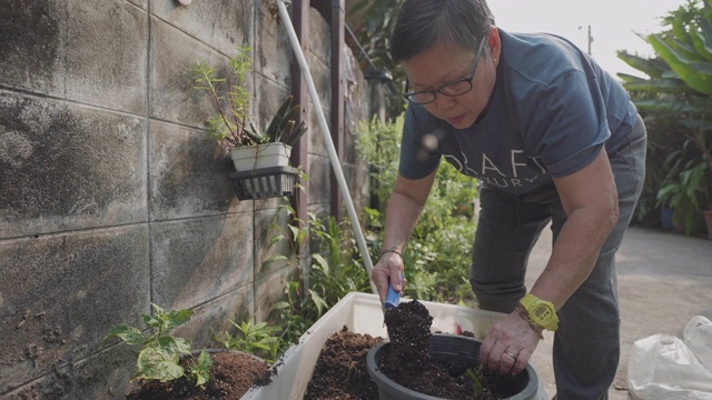 亚洲高级妇女种植在花园里。视频素材