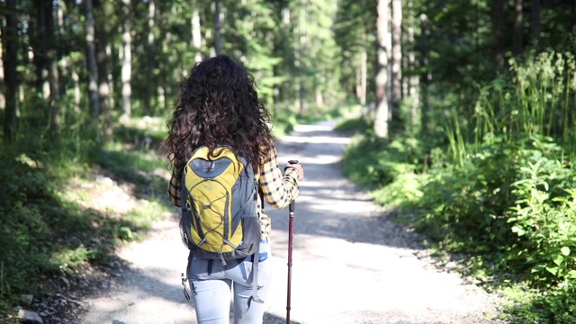 两个女人开始在森林里徒步旅行视频素材