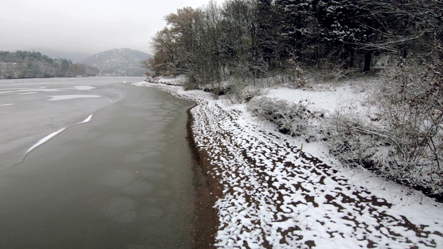 美丽的风景，白雪皑皑的树木，冬天结冰的河流视频素材