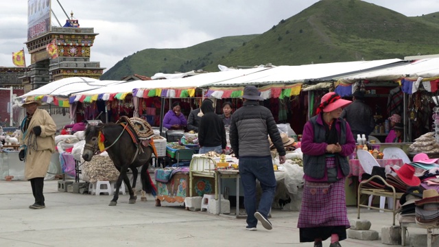 当地藏民在木崖金塔前出售纪念品，四川，中国视频素材