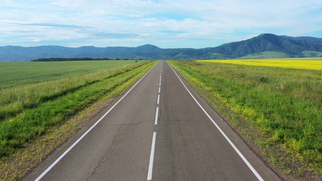 Op视图的道路和盛开的黄色田野。在路上行驶的汽车。航空拍摄视频素材