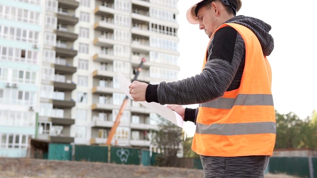 一个年轻的建筑工人在建筑工地边走边画视频素材