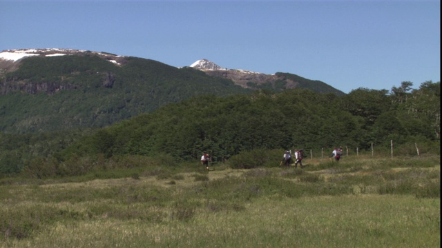 徒步旅行者艰难地穿过草地走向一座山。视频素材