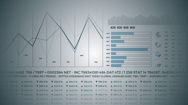 统计数据，金融市场数据，分析和报告，数字和图表。幻灯片3 d效果。视频素材