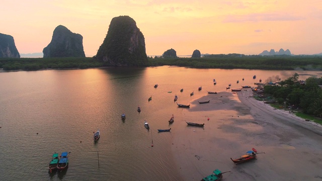 鸟瞰图拍摄美丽的风景和安达曼海日落，热带海滩海在泰国南部，亚洲视频素材