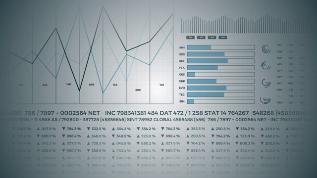 统计数据，金融市场数据，分析和报告，数字和图表。幻灯片3 d效果。视频素材