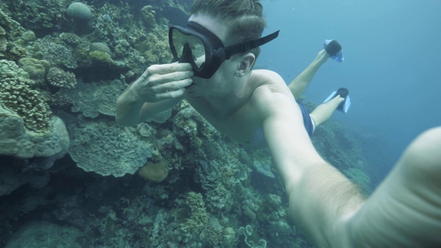 自由潜水:一名男子在富含珊瑚的海洋中浮潜的自画像。视频素材