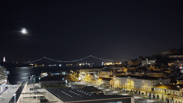 鸟瞰图。葡萄牙里斯本夜景城市中心视图空中全景图，时间推移视频素材