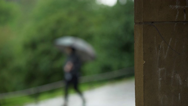 一位女士打着伞在雨中走过相机视频素材