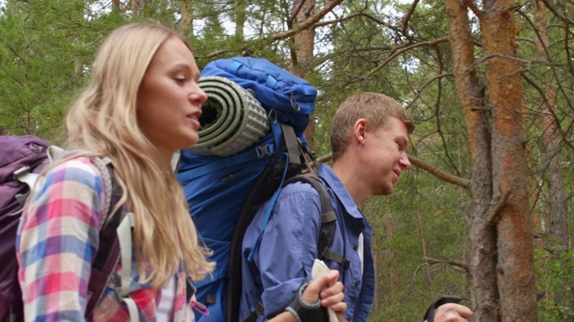 欢乐的朋友在森林里徒步旅行视频素材