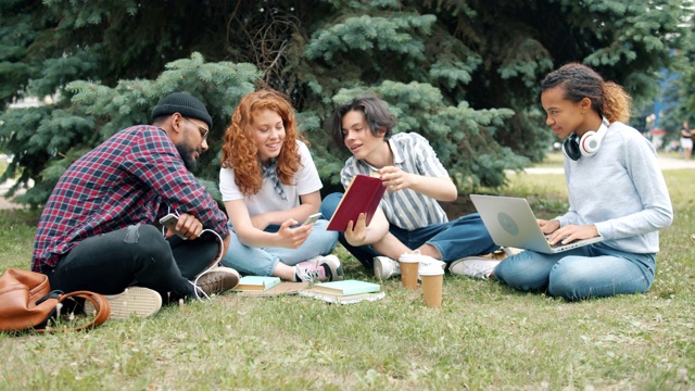 快乐的学生在户外学习，带着书和笔记本电脑在草地上聊天视频素材