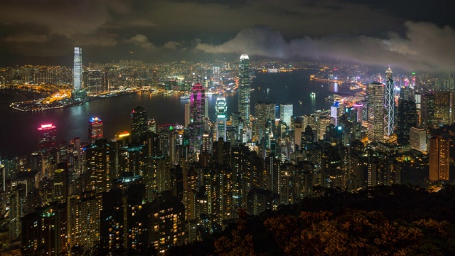 时间流逝，香港城市夜景。从中国香港的太平山顶看香港摩天大楼视频素材