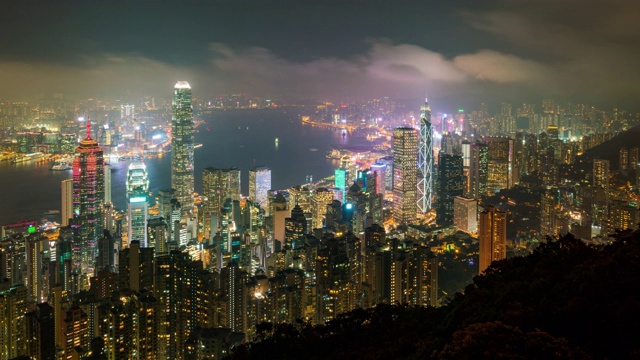 时间流逝，香港城市夜景。从中国香港的太平山顶看香港摩天大楼视频素材