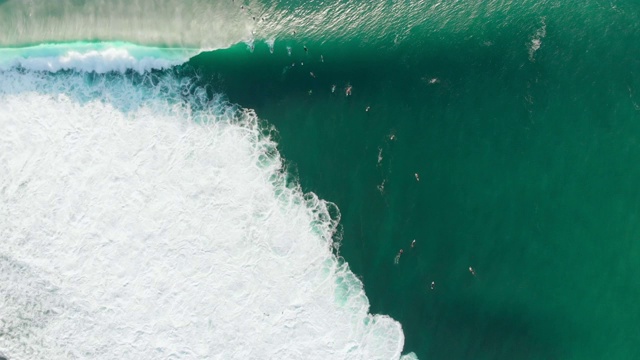 鸟瞰图与冲浪者和桶波在海洋。前视图。冲浪和海浪视频素材