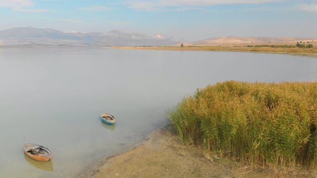 卡拉塔斯湖的芦苇、草地和船只视频素材