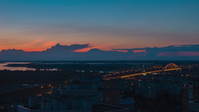 漂浮在日落天空的云从无人机鸟瞰图。现代城市上空的彩色夜空。汽车在伏尔加河大桥上行驶，城市建筑景观视频素材