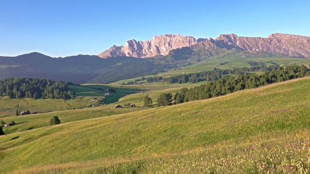 意大利Dolomites的Alpe di Siusi夏日日出全景视频素材