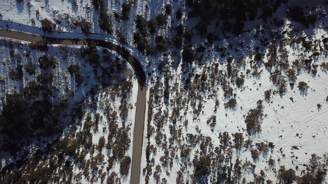 在恶劣天气下，俯视图无人机在弯曲的道路、风山和覆盖着积雪的森林上空飞行。视频素材