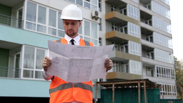 成功的建筑工人在建筑工地阅读蓝图视频素材