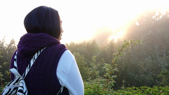 年轻的女旅行者享受这一景色，转身对着镜头微笑在山顶在暑假的上午。视频素材