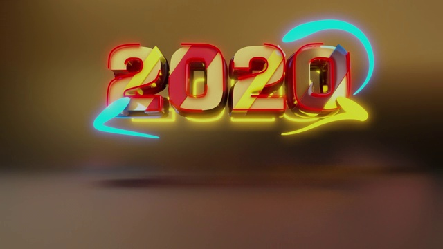 金色抽象文字2020三维渲染运动图形与移动霓虹灯，圣诞快乐和新年贺卡上的暗金背景。视频素材