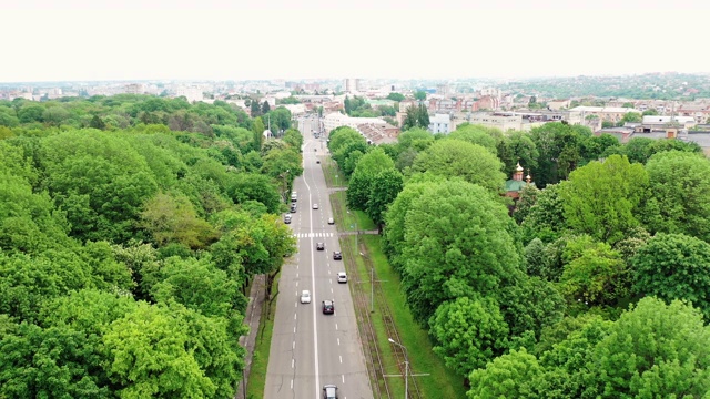 鸟瞰图宽阔的道路与绿色的树从两侧。视频素材