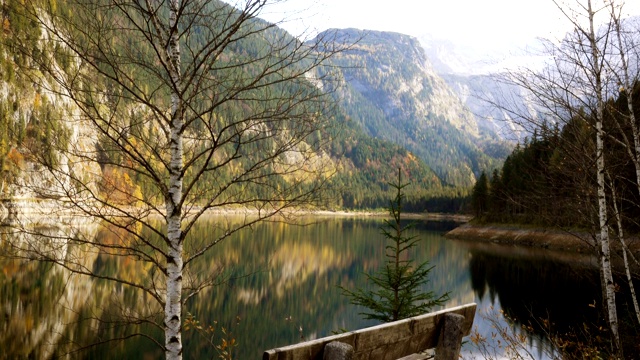 晴朗的秋日，奥地利萨尔茨卡默格特Langbathsee湖岸的空旧板凳视频素材