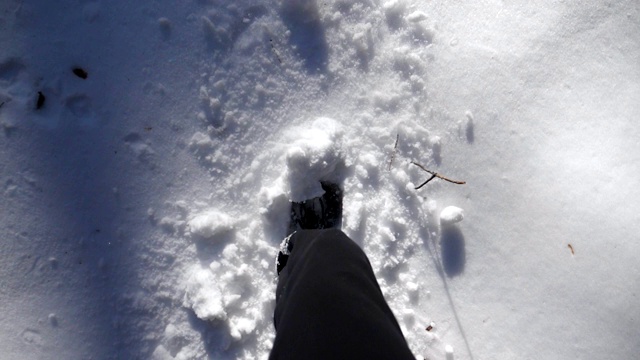 顶视图的人的腿踏在深深的雪地照亮阳光。一个难以辨认的徒步旅行者穿过积雪的冬季森林。人去户外。POV慢动作特写视频素材