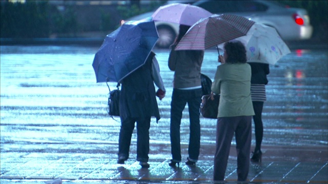 行人撑着雨伞站在街角。视频素材