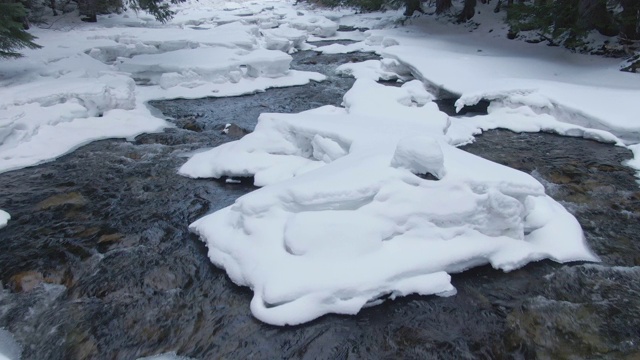 近距离观察:森林溪流溅水花，同时使其通过雪景。视频素材