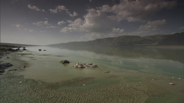 水藻生长在博戈里亚湖对面的山脉上，山脉在水中倒映。视频素材