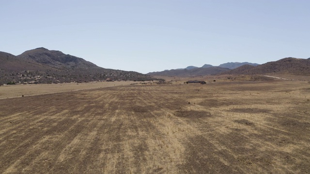 鸟瞰图干燥空旷的西班牙沙漠与植被和山脉在安达卢西亚，塔伯纳斯沙漠下午。蓝色的天空，阿尔梅里亚，西班牙，西部，最西部，内华达山脉。飞行的无人驾驶飞机。视频素材