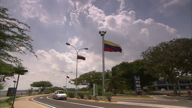 委内瑞拉国旗排列在道路两旁。视频素材