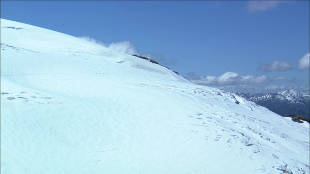 巨大的冰川让一队徒步旅行者相形见绌。视频素材