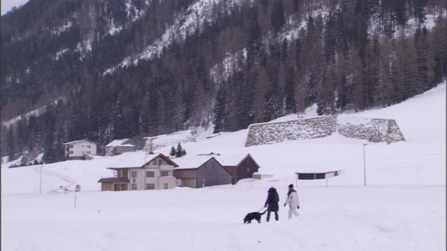 在雪崩路径的底部，有一道石头栅栏保护着建筑物。视频素材