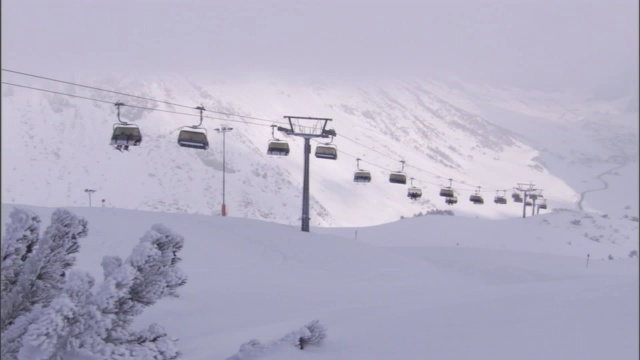 缆车在雪山上上下移动。视频素材