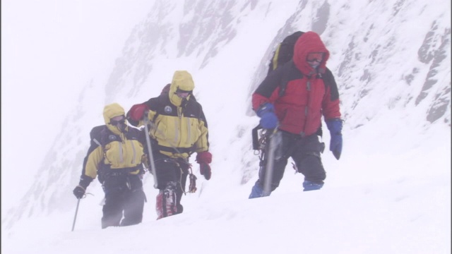 登山者在积雪和暴风雪中艰难前行。视频素材