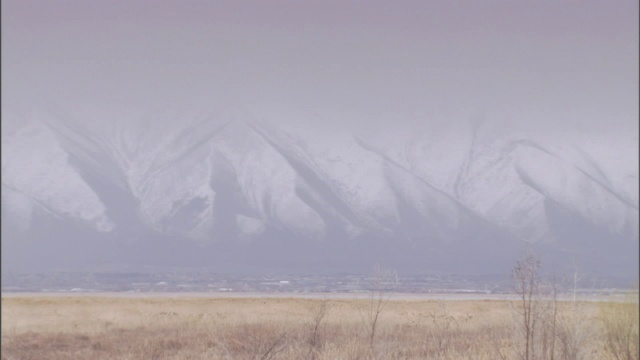 薄雾遮住了草地后面白雪覆盖的山脉。视频素材