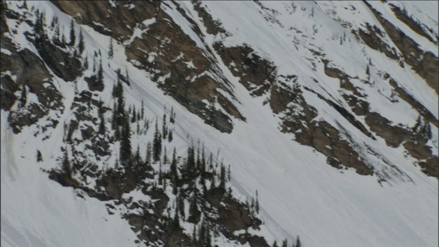 松树紧贴着被雪崩积雪覆盖的多岩石的山坡。视频素材